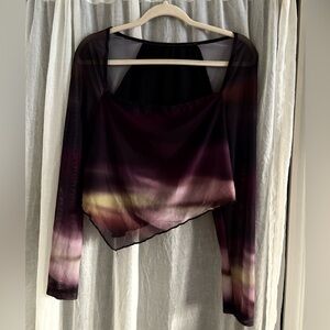 Purple Black Sheer Mesh Asymmetrical Women's Crop Top